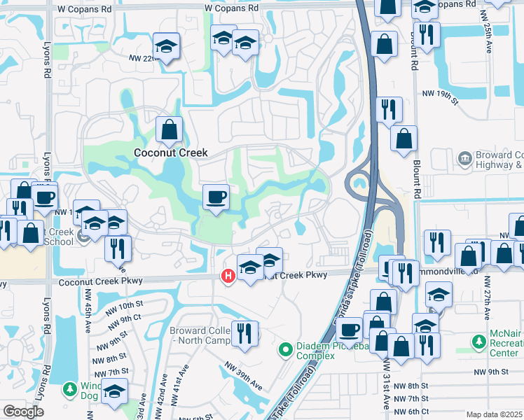 map of restaurants, bars, coffee shops, grocery stores, and more near 4602 Martinique Way in Coconut Creek