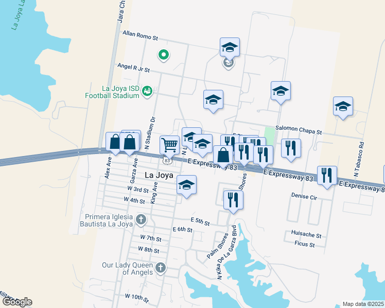 map of restaurants, bars, coffee shops, grocery stores, and more near 101 East Expressway 83 in La Joya