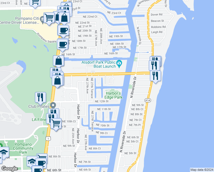 map of restaurants, bars, coffee shops, grocery stores, and more near 1320 Northeast 27th Way in Pompano Beach