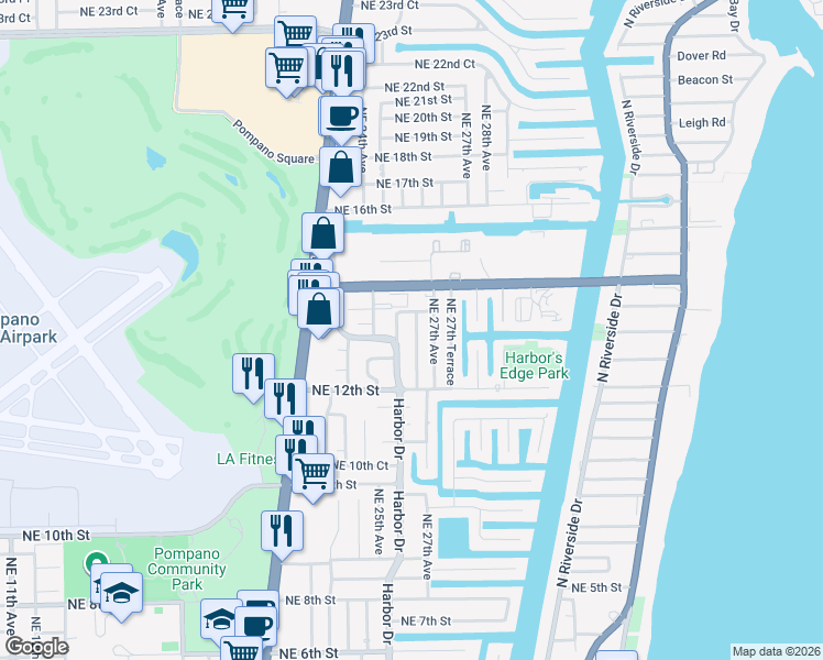 map of restaurants, bars, coffee shops, grocery stores, and more near 1301 Northeast 26th Terrace in Pompano Beach