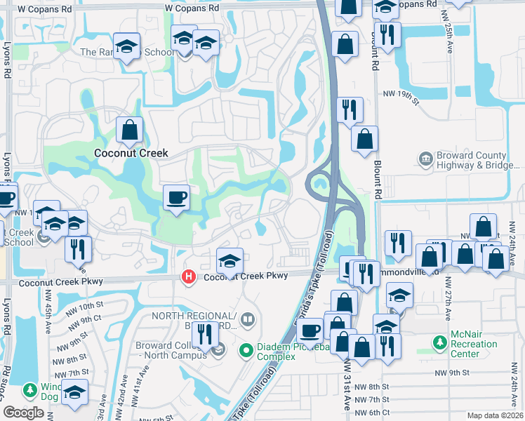 map of restaurants, bars, coffee shops, grocery stores, and more near 4302 Martinique Circle in Coconut Creek