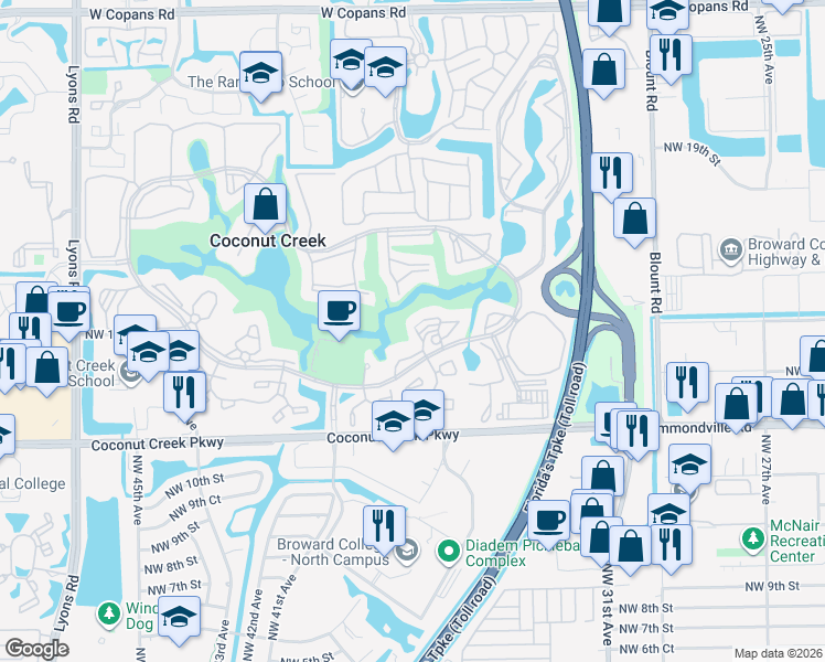 map of restaurants, bars, coffee shops, grocery stores, and more near 4602 Martinique Way in Coconut Creek