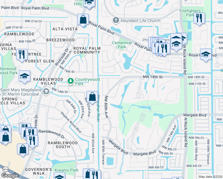map of restaurants, bars, coffee shops, grocery stores, and more near 1500 Northwest 80th Avenue in Margate