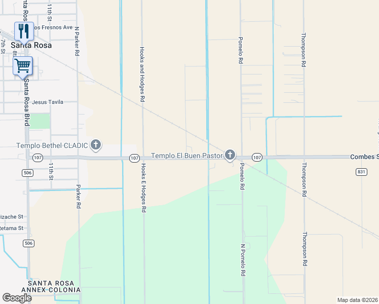 map of restaurants, bars, coffee shops, grocery stores, and more near 13217 Texas 107 in Santa Rosa