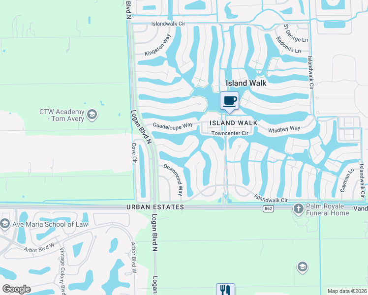 map of restaurants, bars, coffee shops, grocery stores, and more near 6283 Towncenter Circle in Naples