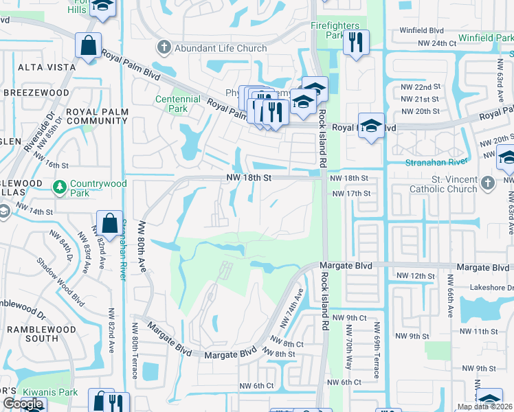 map of restaurants, bars, coffee shops, grocery stores, and more near 7420 Northwest 18th Street in Margate
