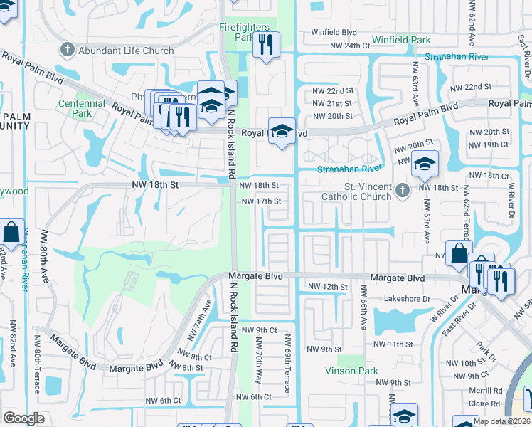 map of restaurants, bars, coffee shops, grocery stores, and more near 1555 Northwest 70th Lane in Margate