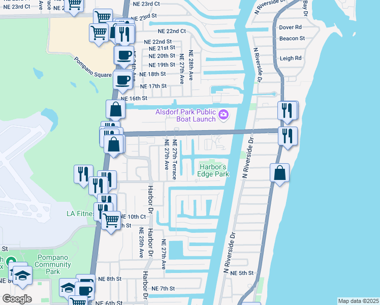 map of restaurants, bars, coffee shops, grocery stores, and more near 1320 Northeast 27th Way in Pompano Beach