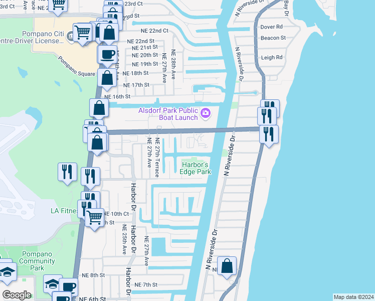 map of restaurants, bars, coffee shops, grocery stores, and more near 2860 Northeast 14th Street Causeway in Pompano Beach