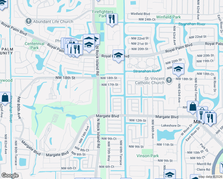 map of restaurants, bars, coffee shops, grocery stores, and more near 1555 Northwest 70th Lane in Margate