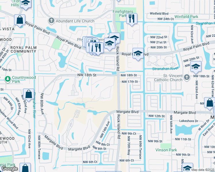 map of restaurants, bars, coffee shops, grocery stores, and more near 7311 Northwest 18th Street in Margate