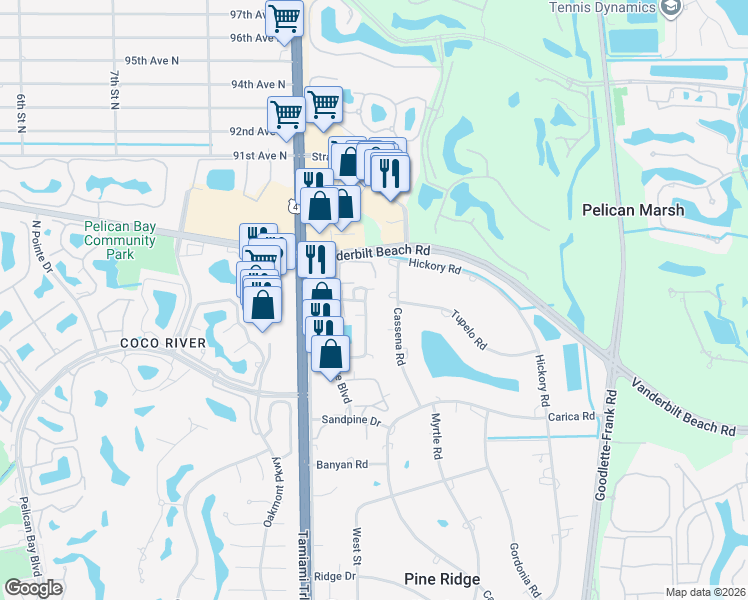 map of restaurants, bars, coffee shops, grocery stores, and more near 840 Meadowland Drive in Naples