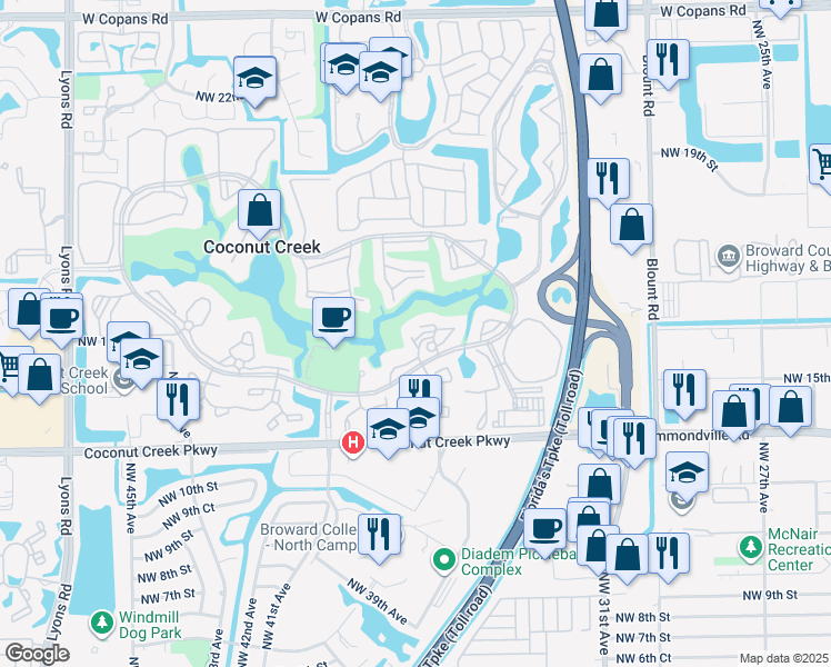 map of restaurants, bars, coffee shops, grocery stores, and more near 4602 Martinique Way in Coconut Creek