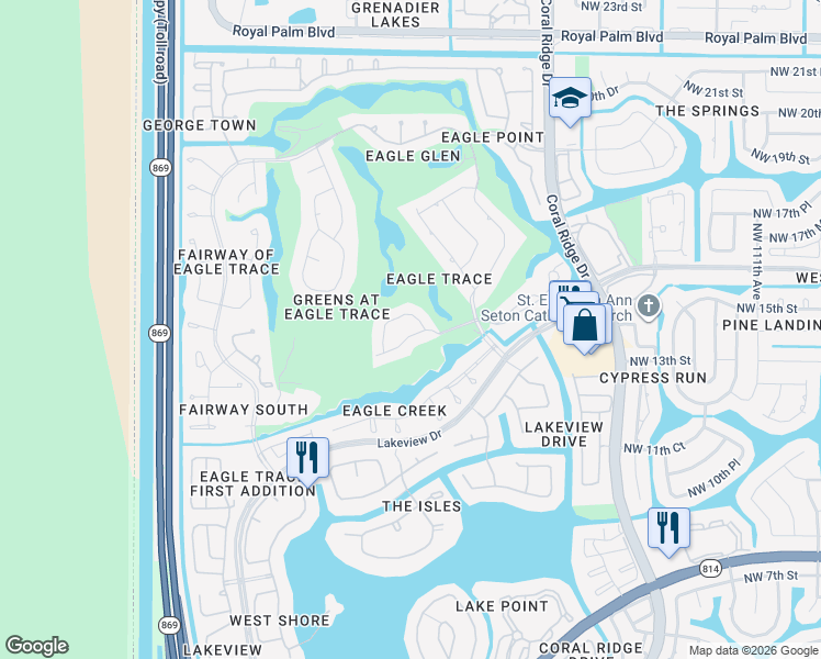 map of restaurants, bars, coffee shops, grocery stores, and more near 12123 Northwest 15th Court in Coral Springs