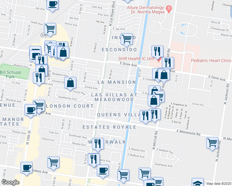 map of restaurants, bars, coffee shops, grocery stores, and more near 109 East Yucca Avenue in McAllen