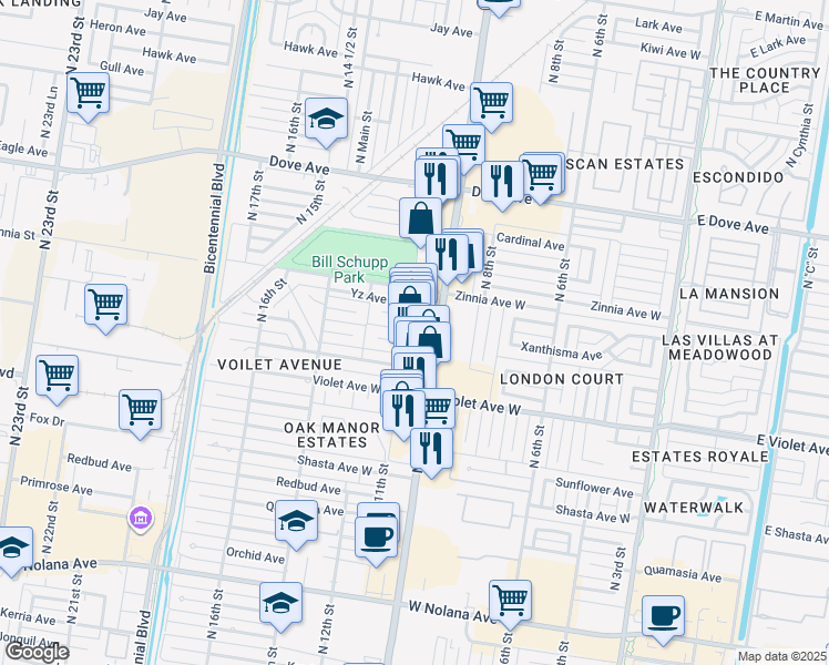 map of restaurants, bars, coffee shops, grocery stores, and more near 5001 North 10th Street in McAllen