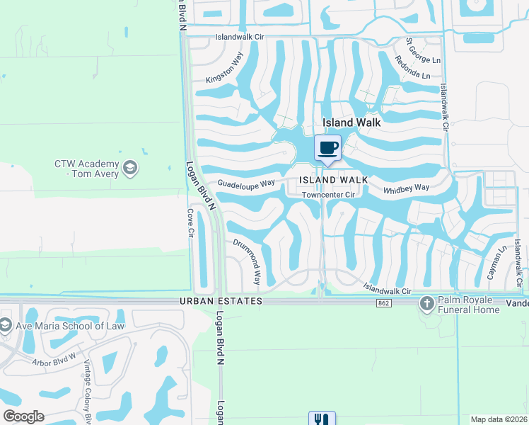 map of restaurants, bars, coffee shops, grocery stores, and more near 6283 Towncenter Circle in Naples