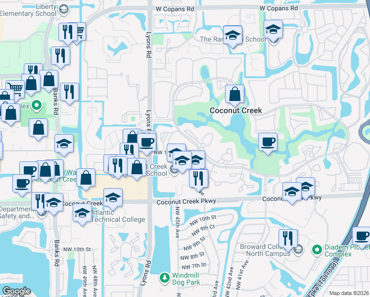map of restaurants, bars, coffee shops, grocery stores, and more near 2500 Antigua Terrace in Coconut Creek