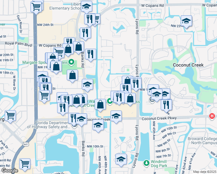 map of restaurants, bars, coffee shops, grocery stores, and more near 4781 Northwest 15th Street in Coconut Creek
