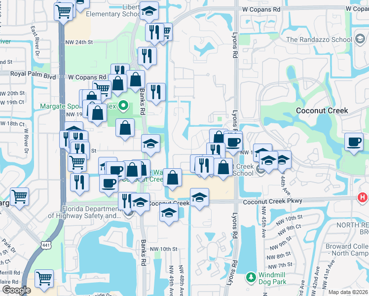 map of restaurants, bars, coffee shops, grocery stores, and more near 4851 Northwest 15th Street in Coconut Creek