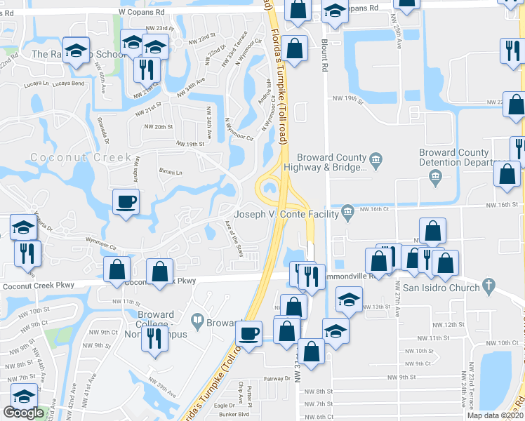 map of restaurants, bars, coffee shops, grocery stores, and more near 1605 Abaco Drive in Coconut Creek