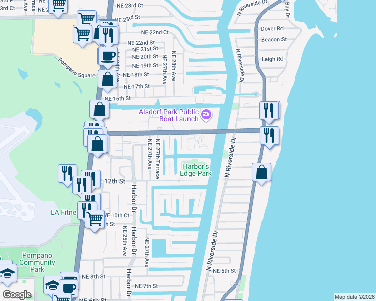 map of restaurants, bars, coffee shops, grocery stores, and more near 2860 Northeast 14th Street Causeway in Pompano Beach