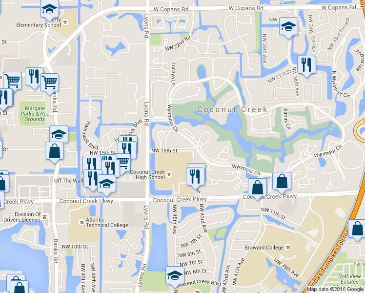 map of restaurants, bars, coffee shops, grocery stores, and more near 2505 Antigua Terrace in Coconut Creek