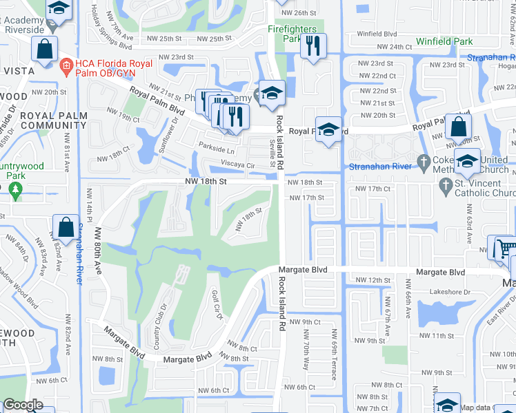 map of restaurants, bars, coffee shops, grocery stores, and more near 7311 Northwest 18th Street in Margate