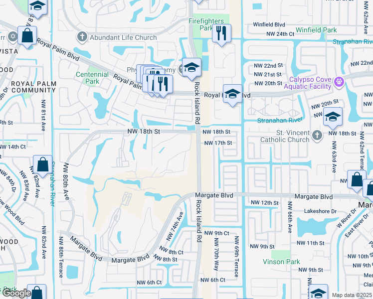 map of restaurants, bars, coffee shops, grocery stores, and more near 7311 Northwest 18th Street in Margate