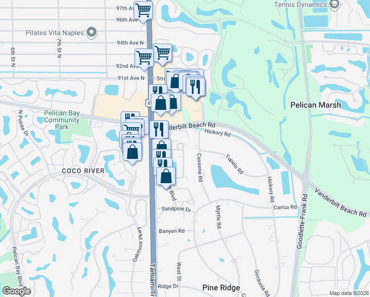map of restaurants, bars, coffee shops, grocery stores, and more near 840 Meadowland Drive in Naples