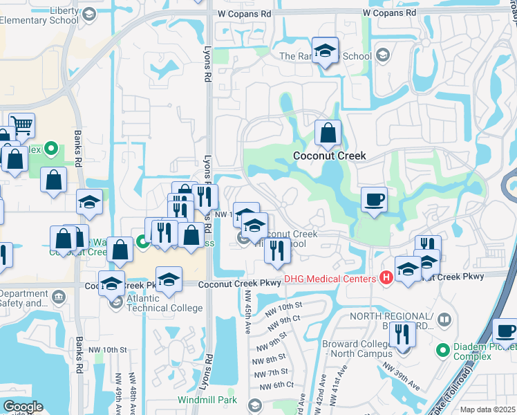 map of restaurants, bars, coffee shops, grocery stores, and more near 2505 Antigua Terrace in Coconut Creek