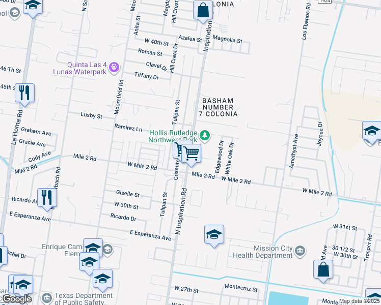 map of restaurants, bars, coffee shops, grocery stores, and more near 3400 North Inspiration Road in Mission