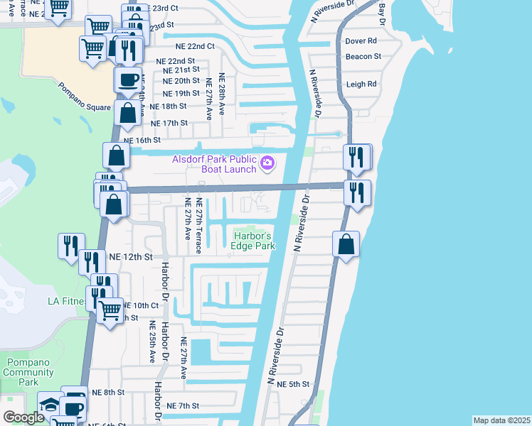 map of restaurants, bars, coffee shops, grocery stores, and more near 2880 Northeast 14th Street Causeway in Pompano Beach