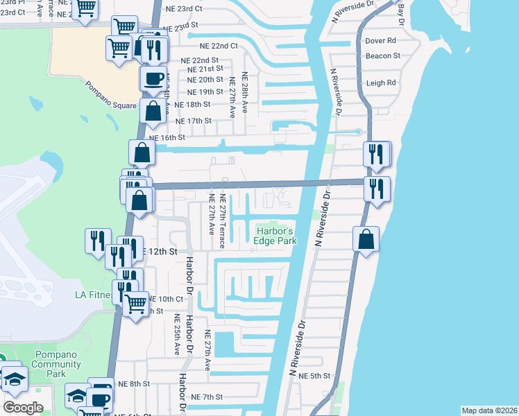 map of restaurants, bars, coffee shops, grocery stores, and more near 1320 Northeast 27th Way in Pompano Beach