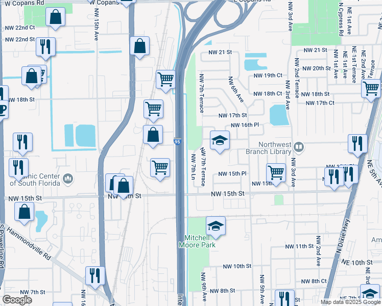 map of restaurants, bars, coffee shops, grocery stores, and more near 1581 Northwest 7th Lane in Pompano Beach