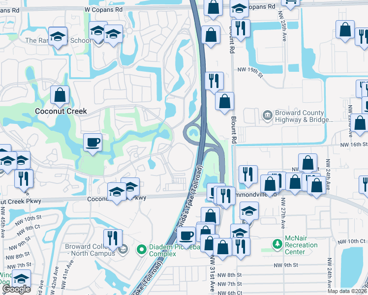 map of restaurants, bars, coffee shops, grocery stores, and more near 1605 Abaco Drive in Coconut Creek