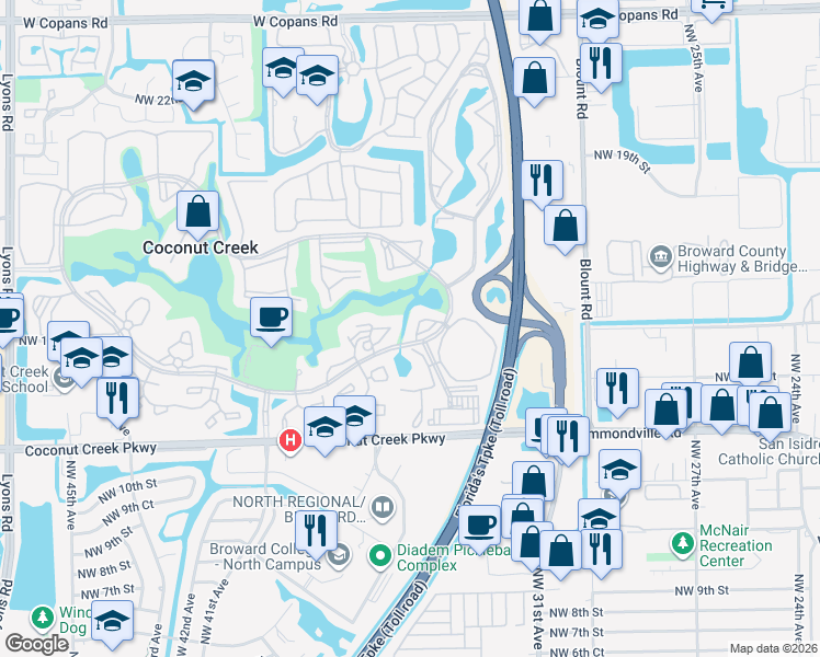 map of restaurants, bars, coffee shops, grocery stores, and more near 4302 Martinique Circle in Coconut Creek