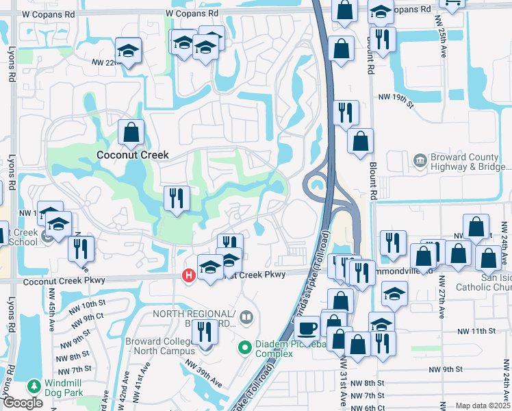 map of restaurants, bars, coffee shops, grocery stores, and more near 4302 Martinique Circle in Coconut Creek