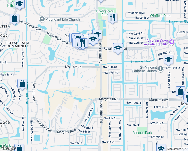 map of restaurants, bars, coffee shops, grocery stores, and more near 7311 Northwest 18th Street in Margate
