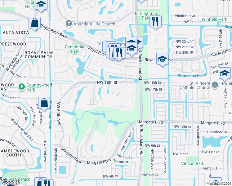 map of restaurants, bars, coffee shops, grocery stores, and more near 31 Northwest 18th Street in Margate