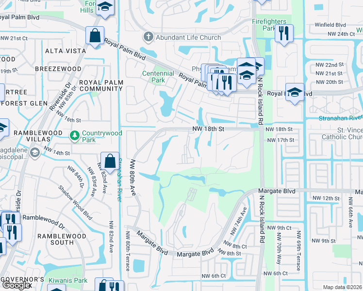 map of restaurants, bars, coffee shops, grocery stores, and more near 7688 Northwest 18th Street in Margate