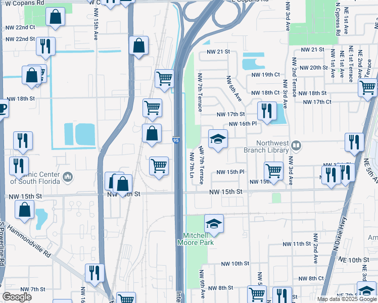 map of restaurants, bars, coffee shops, grocery stores, and more near 1581 Northwest 7th Lane in Pompano Beach