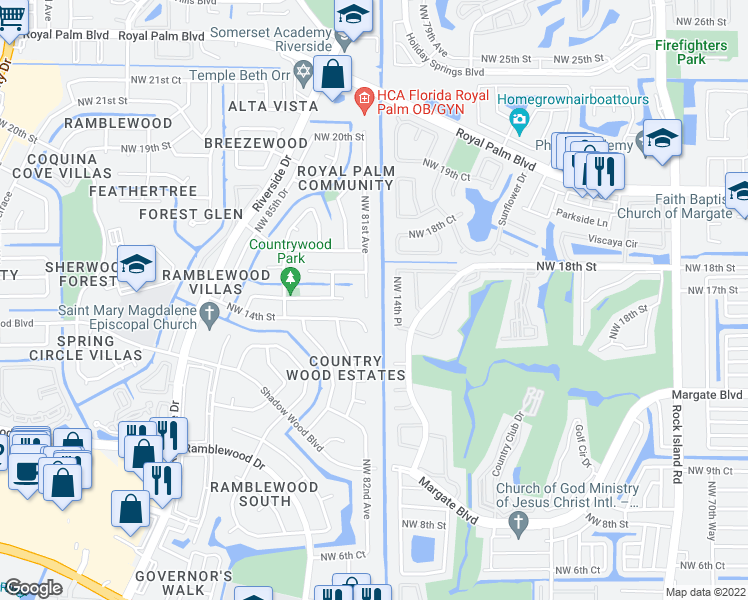 map of restaurants, bars, coffee shops, grocery stores, and more near 1451 Northwest 81st Avenue in Coral Springs