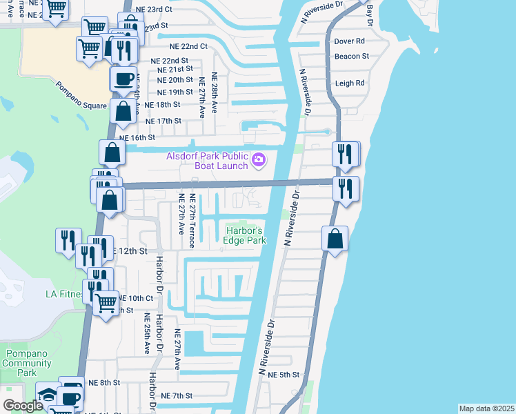 map of restaurants, bars, coffee shops, grocery stores, and more near 2880 Northeast 14th Street Causeway in Pompano Beach