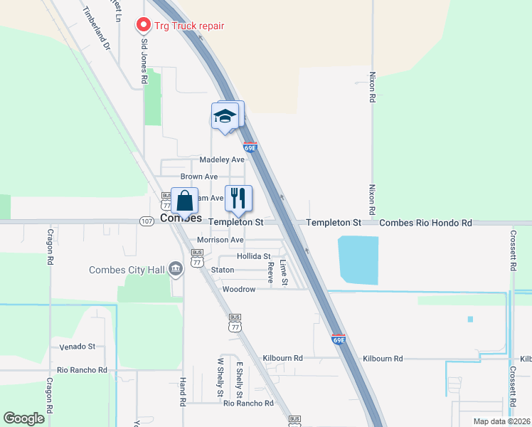 map of restaurants, bars, coffee shops, grocery stores, and more near 21469 US-77 Frontage Road in Combes