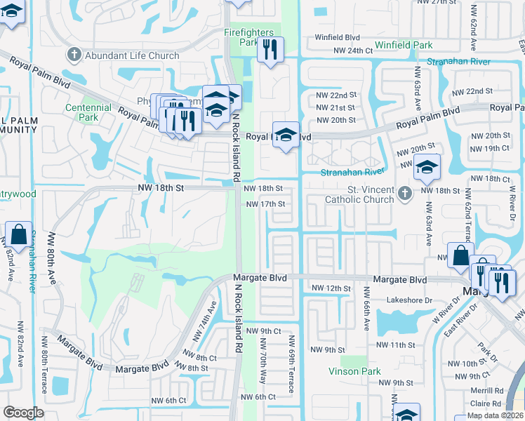 map of restaurants, bars, coffee shops, grocery stores, and more near 1555 Northwest 70th Lane in Margate