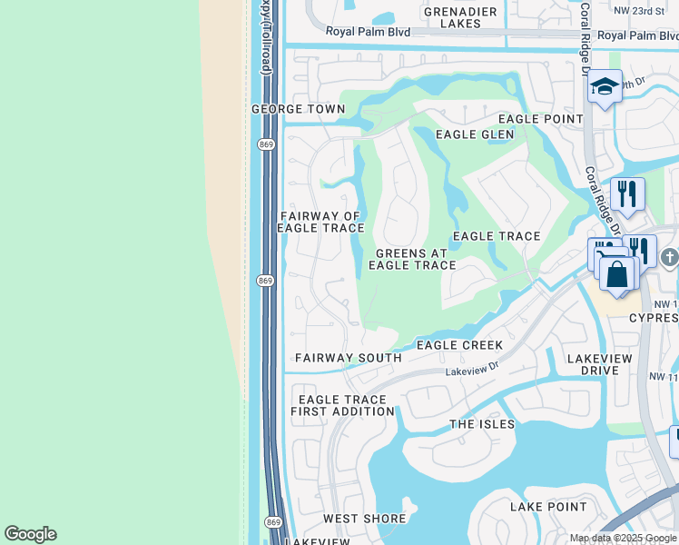 map of restaurants, bars, coffee shops, grocery stores, and more near 12748 Northwest 15th Street in Coral Springs