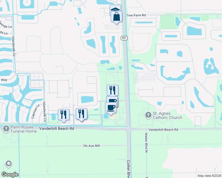 map of restaurants, bars, coffee shops, grocery stores, and more near 14335 Collier Boulevard in Naples