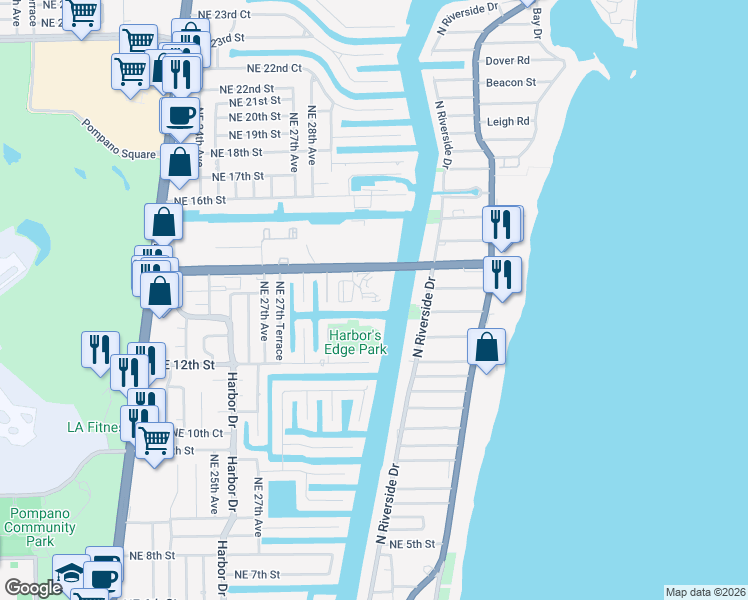 map of restaurants, bars, coffee shops, grocery stores, and more near 2880 Northeast 14th Street Causeway in Pompano Beach