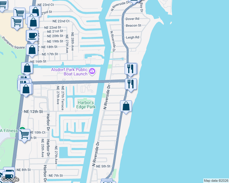 map of restaurants, bars, coffee shops, grocery stores, and more near 3240 Northeast 12th Street in Pompano Beach